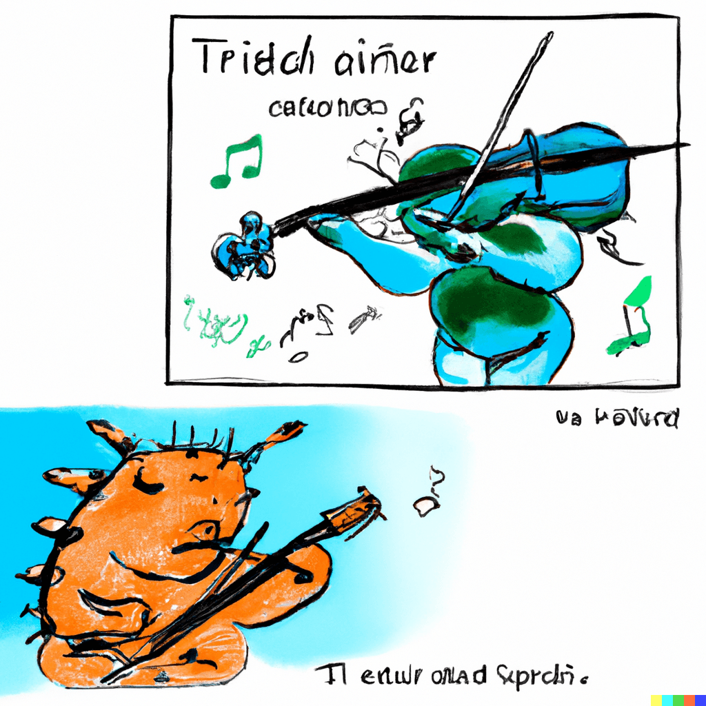 Prompt: "A tardigrade playing violin, side by side frames"