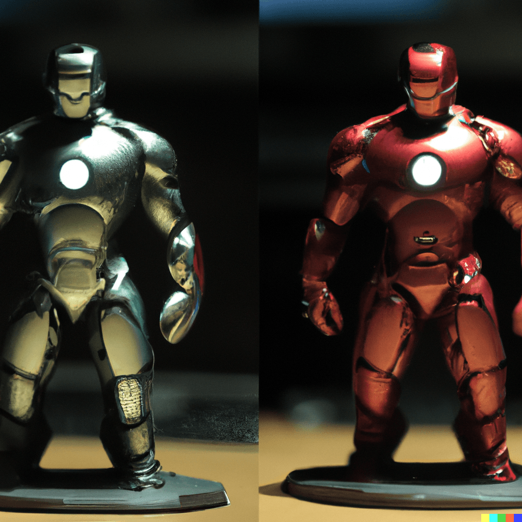 Prompt: a render of Iron Man, side by side, ISO 400 on the left, ISO 1600 on the right