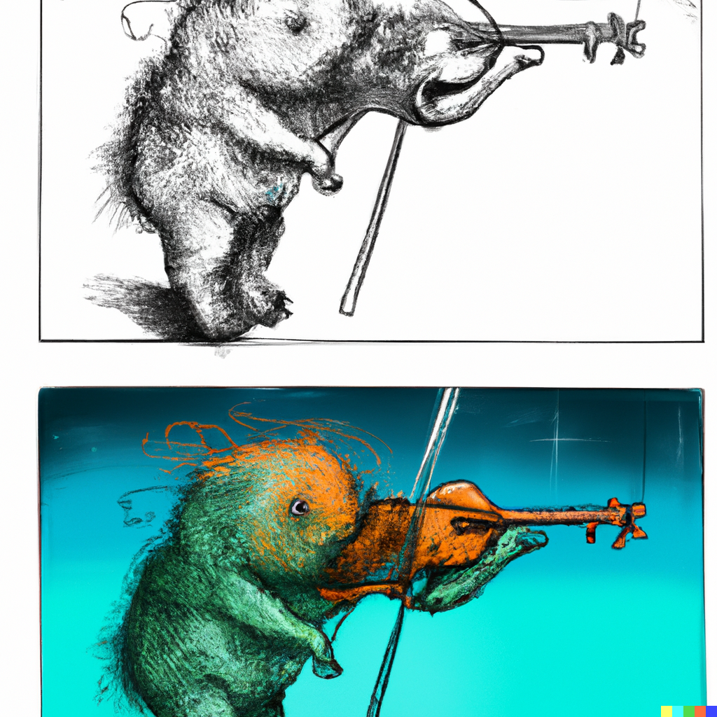 Prompt: "A tardigrade playing violin, side by side frames"