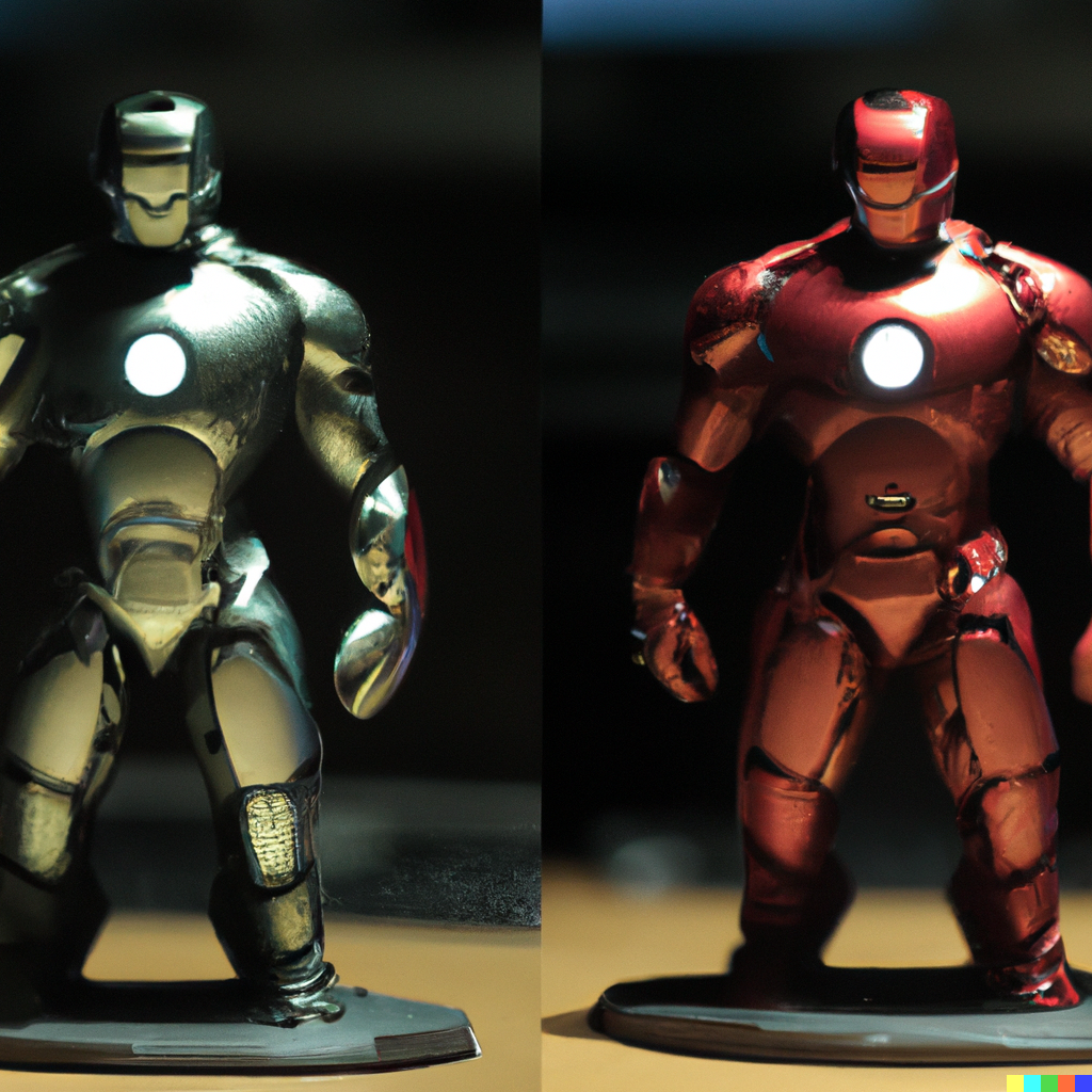 Prompt: a render of Iron Man, side by side, ISO 400 on the left, ISO 1600 on the right