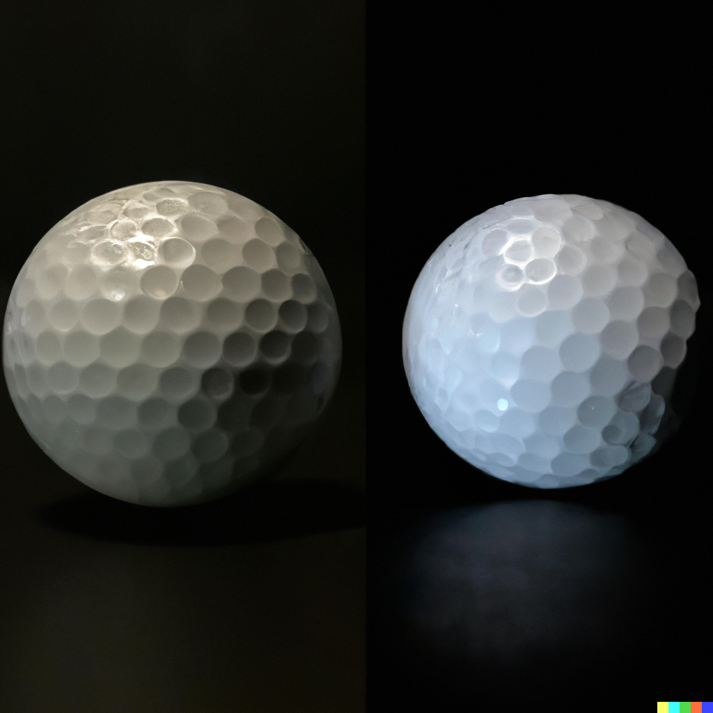 Prompt: a render of a golf ball, side by side, ISO 400 on the left, ISO 1600 on the right